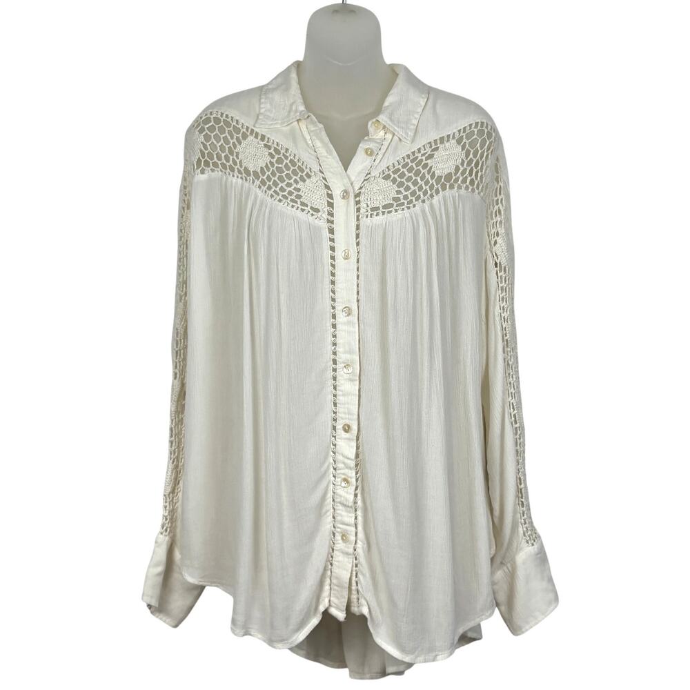 Free People KATIE BIRD Crochet Inset Long Buttoned Sleeve Shirt Top White S $108 - Picture 4 of 8